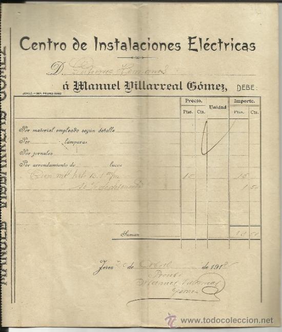 Facturas antiguas: FACTURA DE CENTRO DE INSTALACIONES EL&Eacute;CTRICAS. MANUEL VILLARREAL G&Oacute;MEZ. 1912