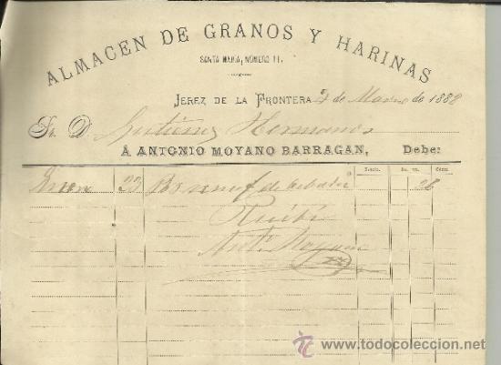 Facturas antiguas: FACTURA DE ALMAC&Eacute;N DE GRANOS Y HARINAS. ANTONIO MOYANO BARRAG&Aacute;N. JEREZ DE LA FRONTERA. C&Aacute;DIZ. 1888