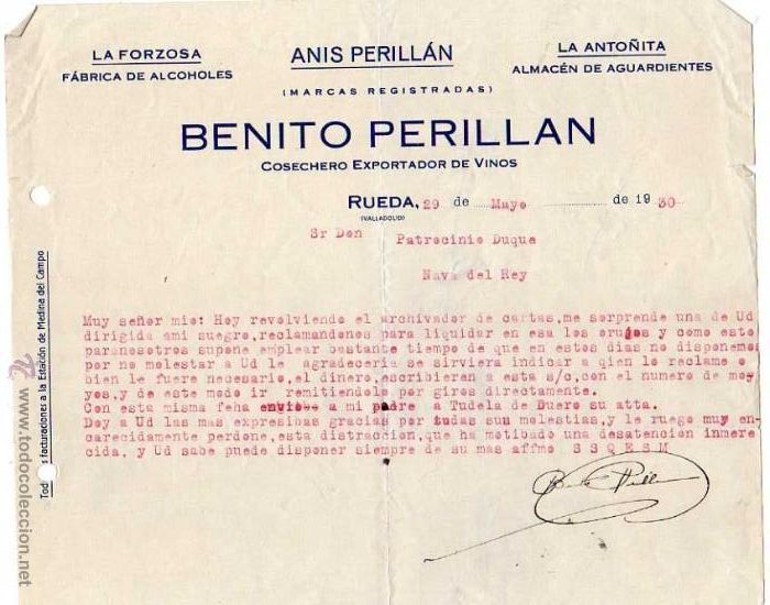 Old Invoices: FACTURA. Benito Perillan. Anis Perillan La Forzosa fabrica alcoholes. la Anto&ntilde;ita Aguardiente. Rueda