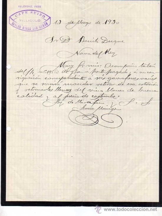 Facturas antiguas: FACTURA. Cafe Suizo Valladolid. Severio Mingo San Roman. Firma. 1930