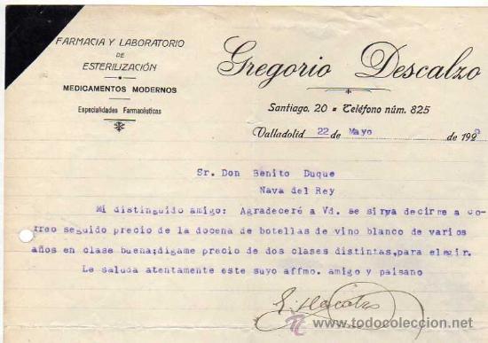 Old Invoices: Factura. Farmacia y laboratorio de esterilizaci&oacute;n. Gregorio Descalzo. Valladolid. Firma.