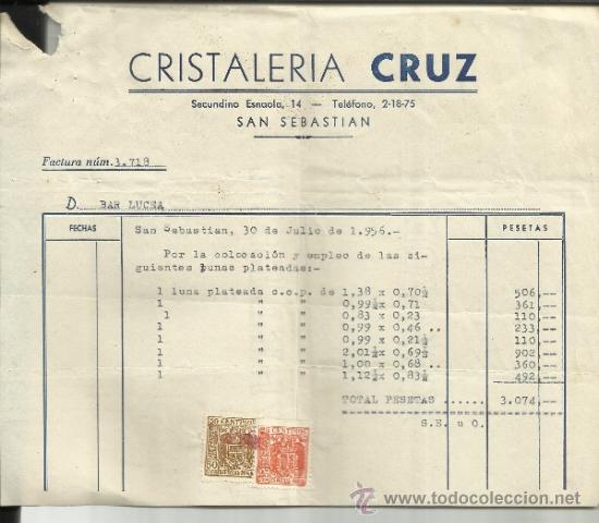 Facturas antiguas: FACTURA DE CRISTALERIA CRUZ. SAN SEBASTIAN. 1956