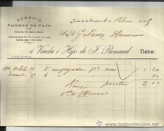 Facturas antiguas: FACTURA DE  VIUDA E HIJOS DE F. RENAUD. FUNDAS DE PAJA. JEREZ DE LA FRONTERA. C&Aacute;DIZ. 1915