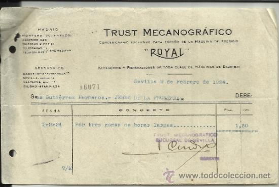 Facturas antiguas: FACTURA DE TRUST MECANOGR&Aacute;FICO. CONCESIONARIO EXCLUSIVO DE ROYAL. SEVILLA. 1924