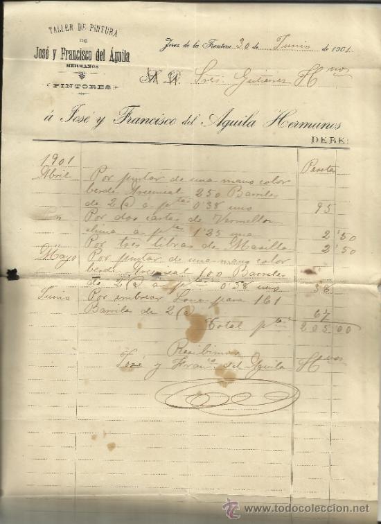 Facturas antiguas: FACTURA DE JOS&Eacute; Y FRANCISCO DEL &Aacute;GUILA HERMANOS. PINTORES. JEREZ DE LA FRONTERA. C&Aacute;DIZ. 1901