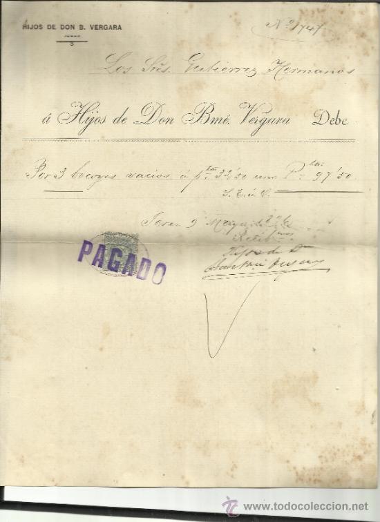 Fatture antiche: FACTURA DE HIJOS DE DON BARTOLOM&Eacute; VERGARA. JEREZ DE LA FRONTERA. C&Aacute;DIZ. 1896
