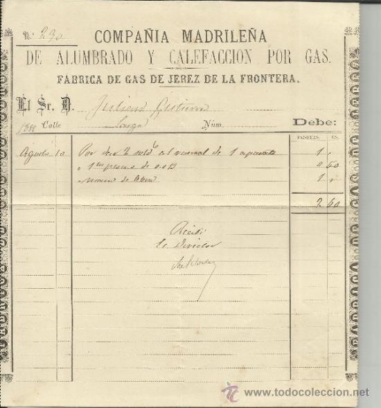 Fatture antiche: FACTURA DE COMPA&Ntilde;&Iacute;A MADRILE&Ntilde;A DE ALUMBRADO Y CALEFACCI&Oacute;N POR GAS A JULIAN GUTI&Eacute;RREZ.JEREZ.C&Aacute;DIZ.1888