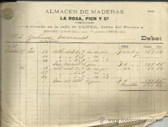 Fatture antiche: FACTURA DE LA ROSA, PICH Y C&ordf;. ALMAC&Eacute;N DE MADERAS. BARCELONA. 1893