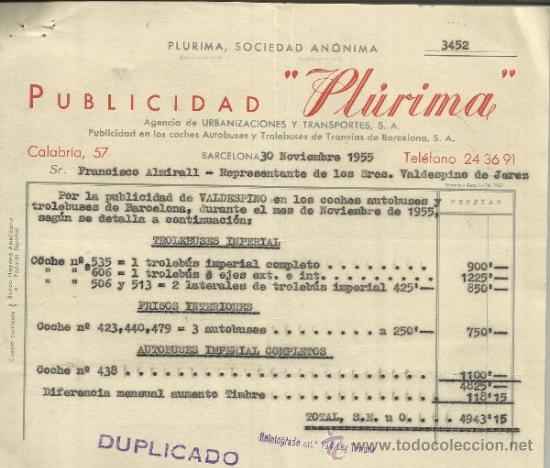 Fatture antiche: FACTURA DE PUBLICIDAD PLURIMA. AGENCIA DE URBANIZACIONES Y TRANSPORTES S.A. BARCELONA. 1955
