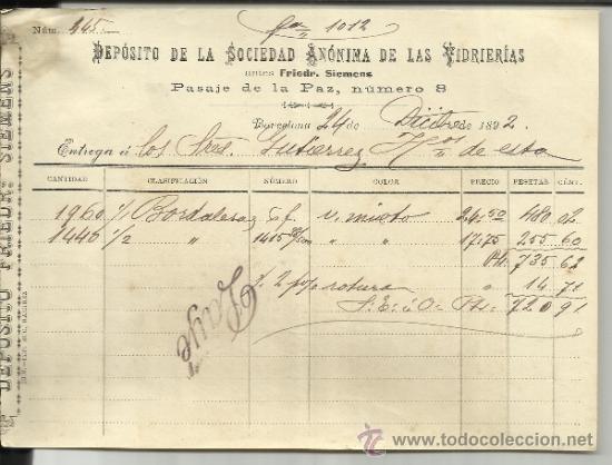 Facturas antiguas: FACTURA DE DEP&Oacute;SITO DE LA SOCIEDAD AN&Oacute;NIMA DE LAS VIDRIERAS. ANTES FRIED. SIEMENES. BARCELONA. 1892