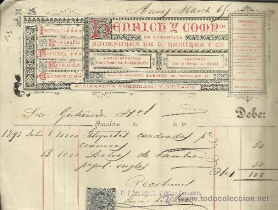 Facturas antiguas: FACTURA DE HENRICH Y C&ordf;. SUCESORES DE N. RAM&Iacute;REZ Y C&ordf;. BARCELONA. 1893