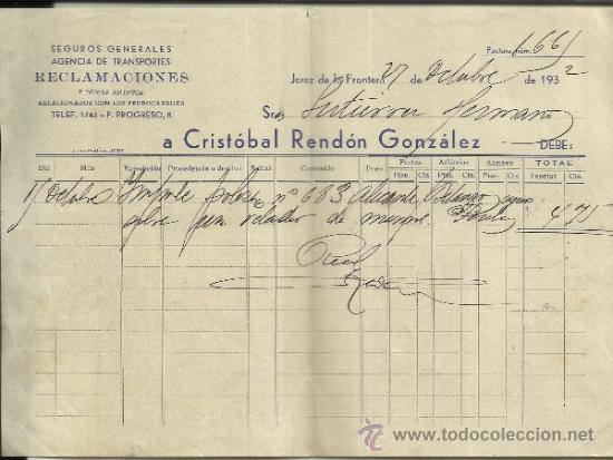 Facturas antiguas: FACTURA DE CRISTOBAL REND&Oacute;N GONZ&Aacute;LEZ. SEGUROS GENERALES. JEREZ DE LA FRONTERA. C&Aacute;DIZ. 1932
