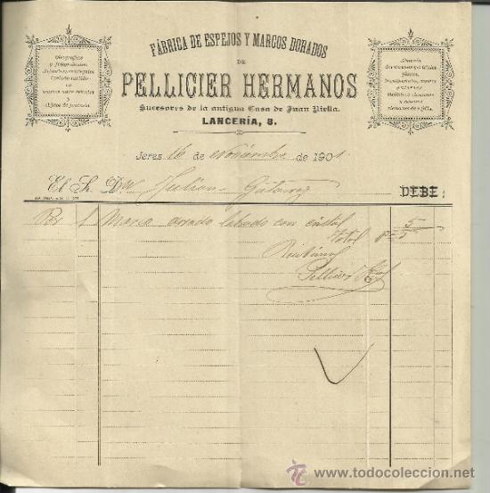 Facturas antiguas: FACTURA DE PELLICER HERMANOS. ANTES CASA DE JUAN RIELLA. JEREZ DE LA FRONTERA. C&Aacute;DIZ. 1901