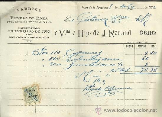 Facturas antiguas: FACTURA DE VIUDA E HIJO DE J. RENAUD. F&Aacute;BRICA DE FUNDAS DE ENEA. JEREZ DE LA FRONTERA. C&Aacute;DIZ. 1932