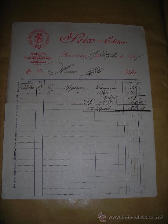 Facturas antiguas: BARCELONA 1901 FACTURA SEIX - EDITOR ,C. SAN AGUSTIN 5 Y 7 GRACIA -27X21,5 CM.