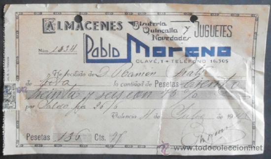 Old Invoices: (4340)RECIBO 18X10,ALMACENES BISUTERIA,QUINCALLA,PABLO MORENO,VALENCIA 1947,