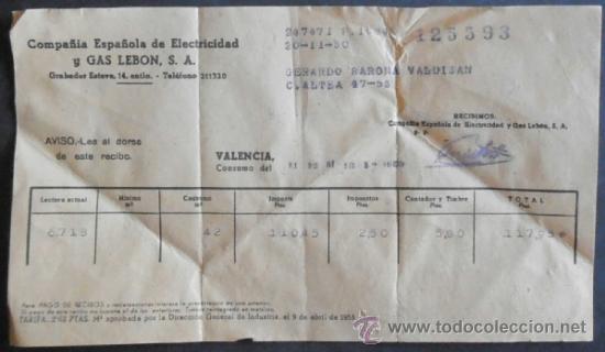 Old Invoices: (4341)RECIBO 21X12 CM,CIA ESPA&Ntilde;OLA DE ELECTRICIDAD Y GAS LEBON,VALENCIA 1959,