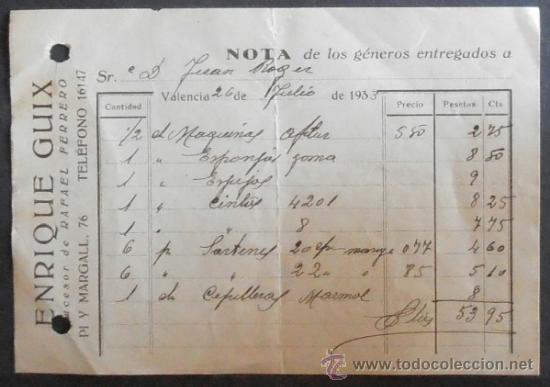 Old Invoices: (4342)NOTA DE ENTREGA 15X11 CM,ENRIQUE GUIX,,VALENCIA 1953,