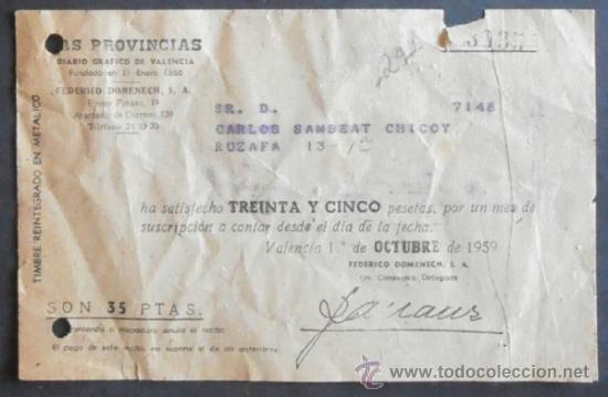 Old Invoices: (4343)RECIBO 16X10 CM,DIARIO LAS PROVINCIAS,VALENCIA 1959,