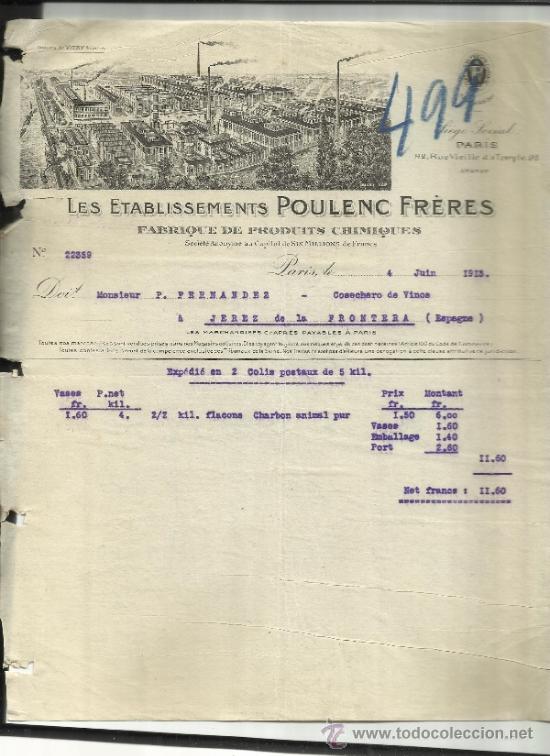 Facturas antiguas: FACTURA DE LES ETABLISSEMENTS POULENC FRERES. PAR&Iacute;S. FRANCIA. 1913