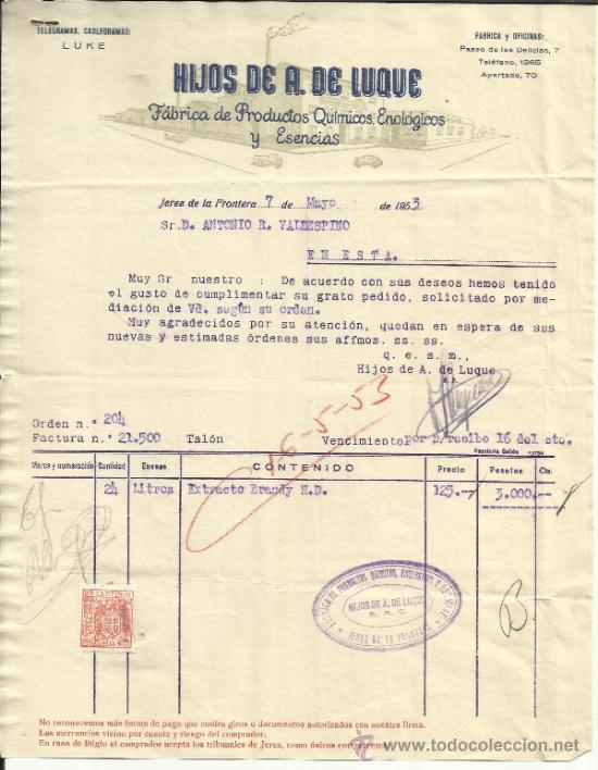 Facturas antiguas: FACTURA DE HIJOS DE A. DE LUQUE. F&Aacute;BRICA DE PRODUCTOS QU&Iacute;MICOS. JEREZ DE LA FRONTERA. C&Aacute;DIZ. 1953