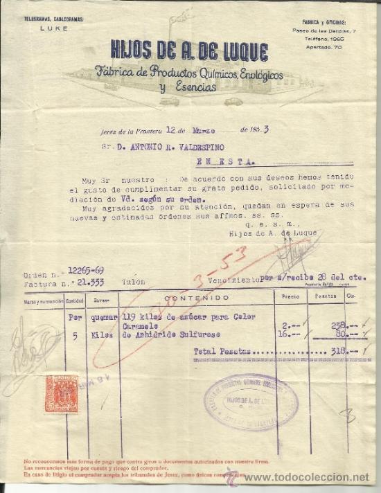 Facturas antiguas: FACTURA DE HIJOS DE A. DE LUQUE. F&Aacute;BRICA DE PRODUCTOS QU&Iacute;MICOS. JEREZ DE LA FRONTERA. C&Aacute;DIZ. 1953