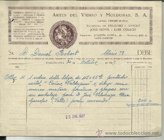 Facturas antiguas: FACTURA DE ARTES DEL VIDRIO Y MOLDURAS, S.A. SUCESORA DE PELEGR&Iacute; Y AMIGO. BARCELONA. 1927
