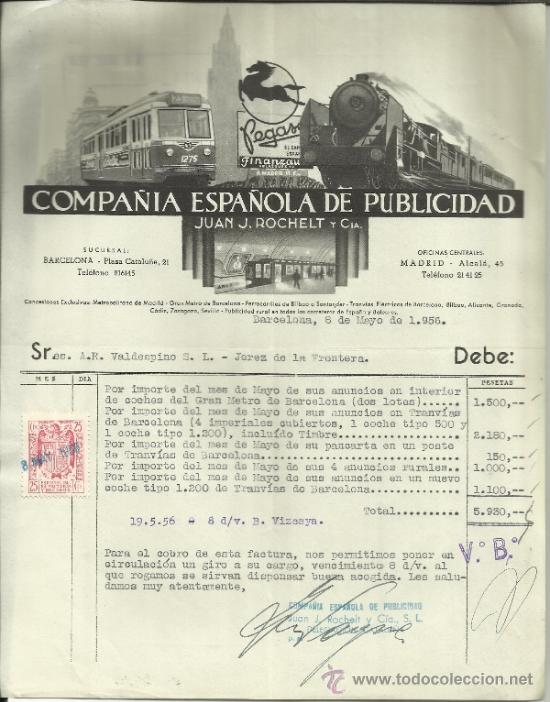 Facturas antiguas: FACTURA DE COMPA&Ntilde;IA ESPA&Ntilde;OLA DE PUBLICIDAD. JUAN J. ROCHELET Y C&ordf;. BARCELONA. 1956