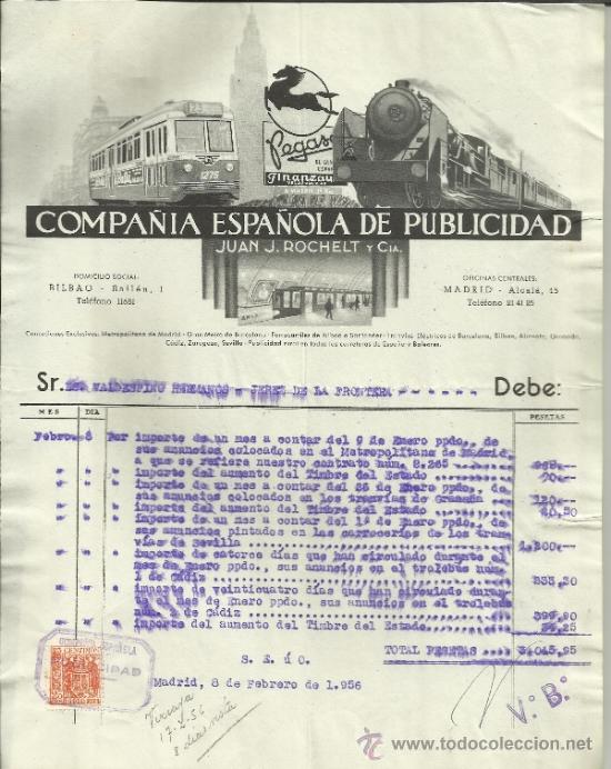 Facturas antiguas: FACTURA DE COMPA&Ntilde;IA ESPA&Ntilde;OLA DE PUBLICIDAD. JUAN J. ROCHELET Y C&ordf;. BARCELONA. 1956