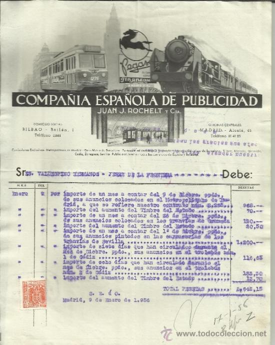 Facturas antiguas: FACTURA DE COMPA&Ntilde;IA ESPA&Ntilde;OLA DE PUBLICIDAD. JUAN J. ROCHELET Y C&ordf;. BARCELONA. 1956
