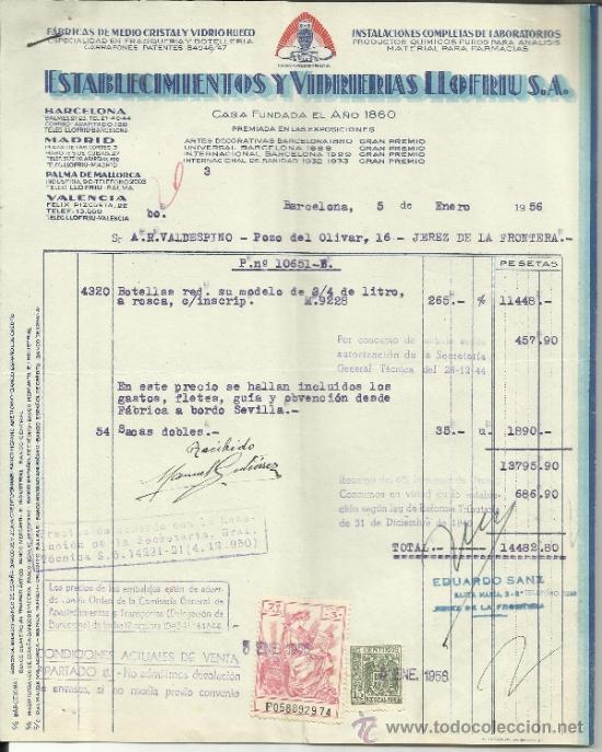 Facturas antiguas: FACTURA DE ESTABLECIMIENTOS Y VIDRIERAS LLOFRIU S.A. BARCELONA. 1956