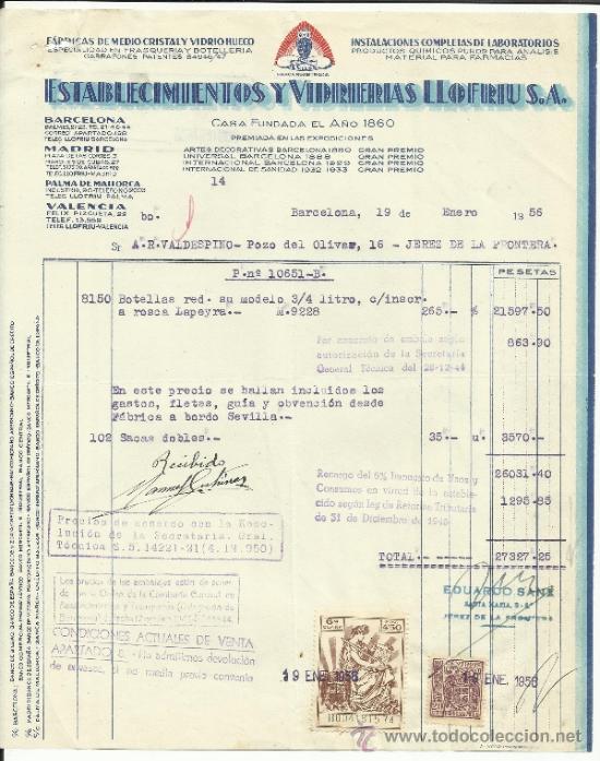 Facturas antiguas: FACTURA DE ESTABLECIMIENTOS Y VIDRIERAS LLOFRIU S.A. BARCELONA. 1956