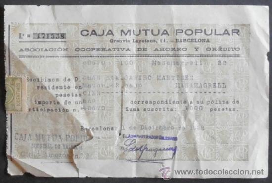 Old Invoices: (4388)RECIBO 17X11 CM,CAJA MUTUA POPULAR,BARCELONA 1922,