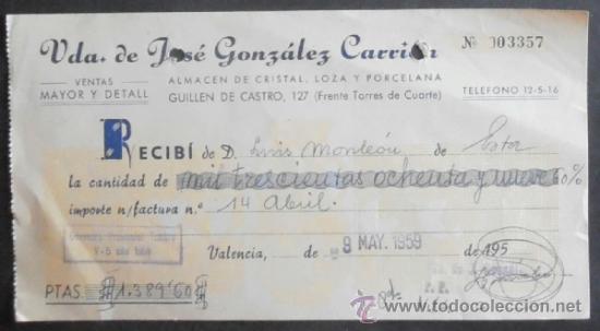 Old Invoices: (4390)RECIBO 19X10 CM,ALMACEN DE CRISTAL VDA DE J.GONZALEZ,VALENCIA 1959,