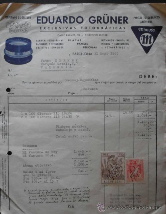 Old Invoices: (4395)FACTURA 12X21 CM,EDUARDO GR&Uuml;NER,EXCLUSIVAS FOTOGRAFICAS,BARCELONA 1955,