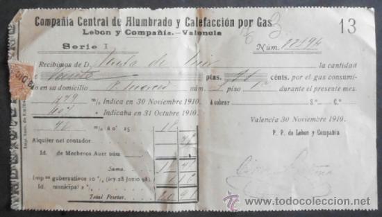 Old Invoices: (4423/4) 2 RECIBOS 19X11 CM,CIA CENTRAL DE ALUMBRADO Y CALEFACCION POR GAS,VALENCIA,1910,