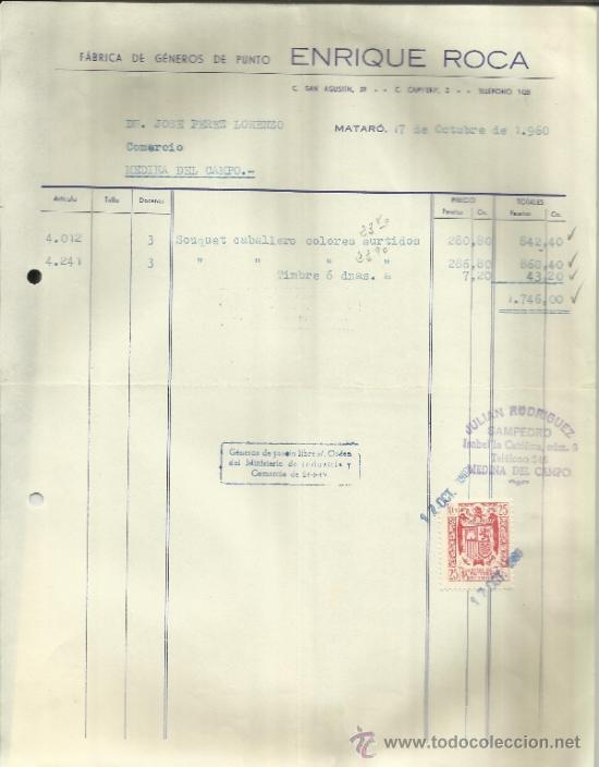 Factures anciennes: FACTURA DE ENRIQUE ROCA. F&Aacute;BRICA DE G&Eacute;NEROS DE PUNTO. MATAR&Oacute;. BARCELONA. 1960