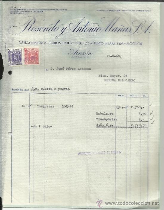 Factures anciennes: FACTURA DE ROSENDO Y ANTONIO MA&Ntilde;AS S.A. F&Aacute;BRICA DE HILADOS Y TEJIDOS. AINZ&Oacute;N. ZARAGOZA. 1960