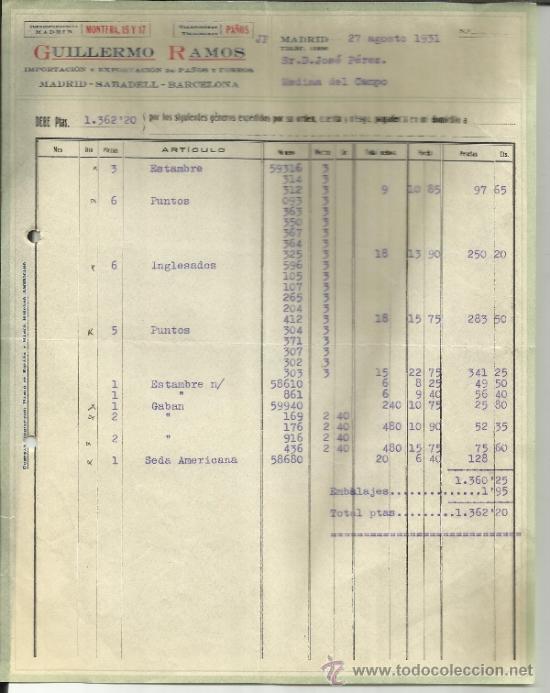 Factures anciennes: FACTURA DE GUILLERMO RAMOS. IMPORTACI&Oacute;N Y EXPORTACI&Oacute;N DE PA&Ntilde;OS Y FORROS. MADRID. 1931