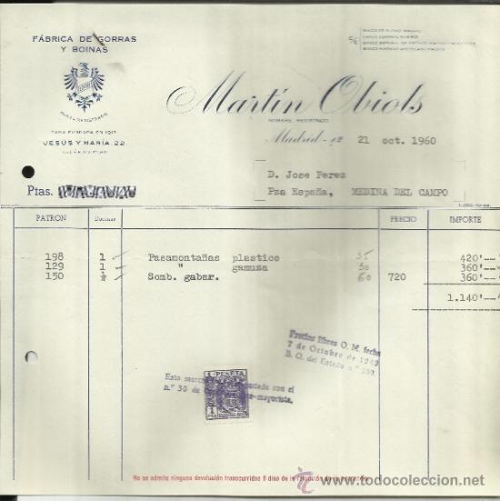 Factures anciennes: FACTURA DE MART&Iacute;N OBIOLS. F&Aacute;BRICA DE GORRAS Y BOINAS. MADRID. 1960
