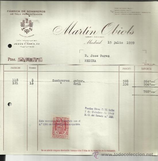 Facturas antiguas: FACTURA DE MART&Iacute;N OBIOLS. F&Aacute;BRICA DE SOMBREROS DE TELA PESPUNTEADOS. MADRID. 1959