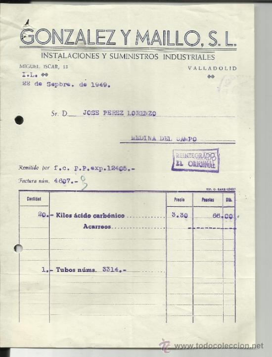 Facturas antiguas: FACTURA DE GONZ&Aacute;LEZ Y MAILLO. INSTALACIONES Y SUMINISTROS INDUSTRIALES. VALLADOLID. 1949