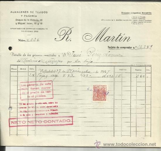 Facturas antiguas: FACTURA DE R. MART&Iacute;N. ALMAC&Eacute;N DE TEJIDOS Y PA&Ntilde;ER&Iacute;A. VALLADOLID. 1949