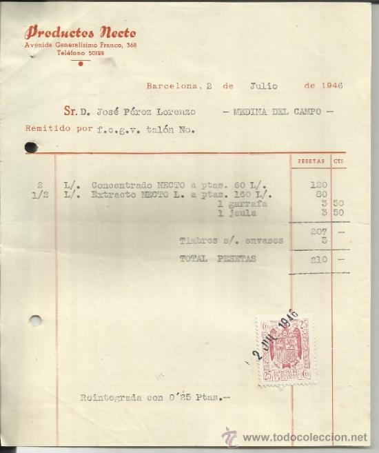 Facturas antiguas: FACTURA DE PRODUCTOS NECTO. BARCELONA. 1946
