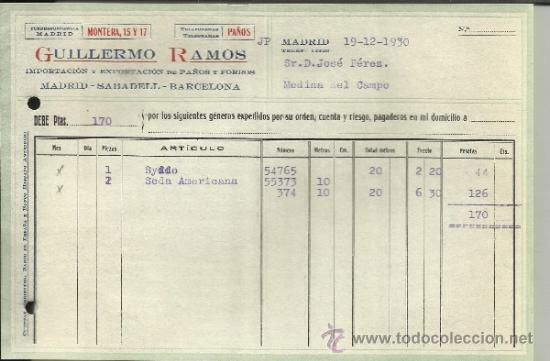 Old Invoices: FACTURA DE GUILLERMO TAMOS. IMPORTADORES DE PA&Ntilde;OS Y FORROS. MADRID. 1930