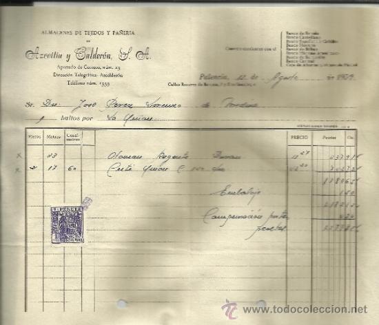 Old Invoices: FACTURA DE AZCOITIA Y CALDER&Oacute;N, S.A. ALMACENES DE TEJIDOS Y PA&Ntilde;ER&Iacute;A. PALENCIA. 1959