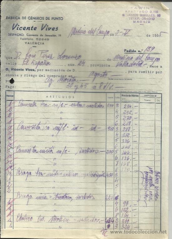 Old Invoices: FACTURA DE VICENTE VIVES. F&Aacute;BRICA DE G&Eacute;NEROS DE PUNTO. VALENCIA. 1955