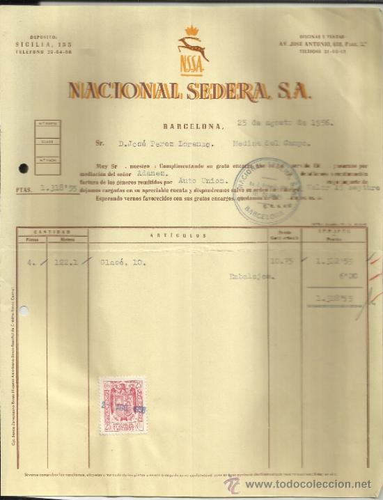 Old Invoices: FACTURA DE NACIONAL SEDERA S.A. NSSA.  BARCELONA. 1956