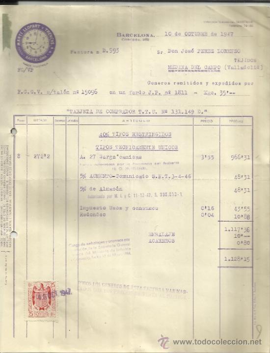 Old Invoices: FACTURA DE MART&Iacute;, LLOPART Y TRENCHS S.A. BARCELONA. 1947