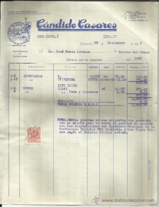 Old Invoices: FACTURA DE C&Aacute;NDIDO CASARES. MANUFACTURAS DE CONFECCIONES.  VALLADOLID. 1945